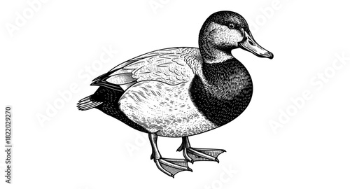 Detailed black and white duck line art drawing for nature enthusiasts