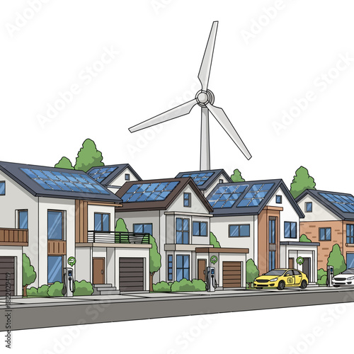 Modern homes on a neighborhood street utilize rooftop solar panels and EV charging stations, powered by a large wind turbine, depicted in a clean flat 2D vector illustration.