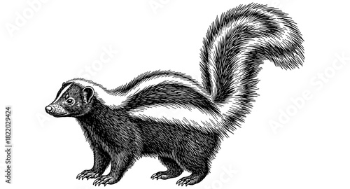 Detailed hand drawn skunk illustration with fluffy tail and stripes