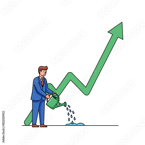 Successful investment strategy and financial growth are visualized by a professional businessman watering a huge upward trending stock market graph in this 2D flat vector illustration.