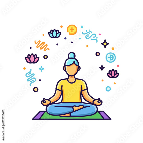 A calm figure meditates in lotus pose, surrounded by positive energy, stars, and leaves, symbolizing mental balance and inner peace.