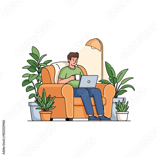 A focused male freelancer is comfortably working remotely on his laptop while sitting in an oversized armchair, surrounded by vibrant green office plants in a clean 2D flat vector illustration.