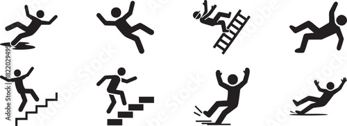 Workplace Safety Icons: Wet Floor Tripping on Stairs Falling from Ladder Caution Triangle with Falling Man Slippery Surface