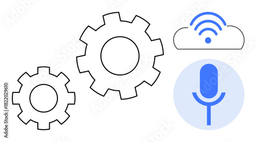 Gear symbols, cloud with wireless signal, and microphone icon representing automation, AI, cloud services, voice technology, smart systems, IoT, and seamless connectivity in simple flat metaphor