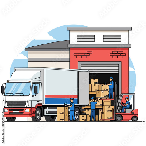 Modern global shipping is symbolized by a 2D flat vector illustration showing workers efficiently loading cardboard boxes onto a large delivery truck outside a stylized warehouse.