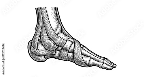 Anatomical drawing of human foot with ligaments and bones in vintage style