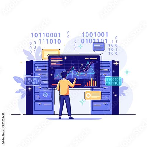 Vector illustration depicting a person analyzing big data visualized as a complex graph on a glowing holographic screen in an abstract futuristic server room environment.