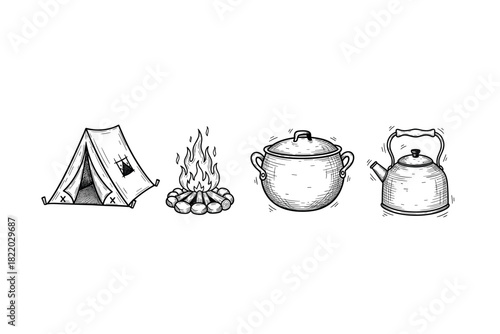 Hand-drawn camping icons: tent, campfire, pot, and kettle