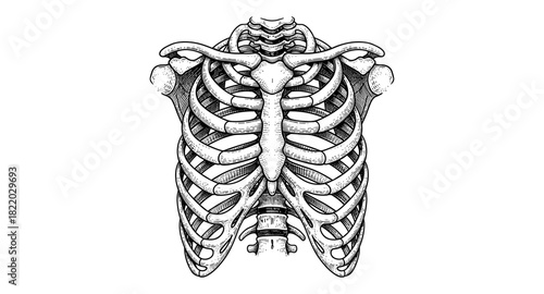 Detailed anatomical human rib cage in vintage engraving style