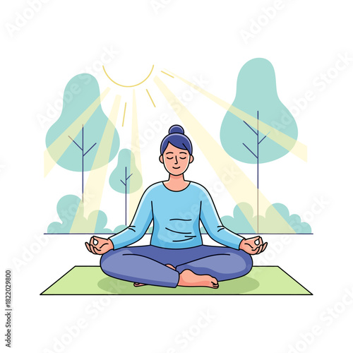 A vibrant 2D flat vector illustration depicts a person sitting in a lotus position meditating outdoors on a yoga mat, focusing on mental health, wellbeing, and peaceful mindfulness.
