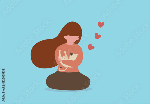 Pet Therapy give emotional support, companionship, friendship, reduce stress and loneliness, heal depression and anxiety, positive mental health, happy woman hold her beloved cat comforting emotion.