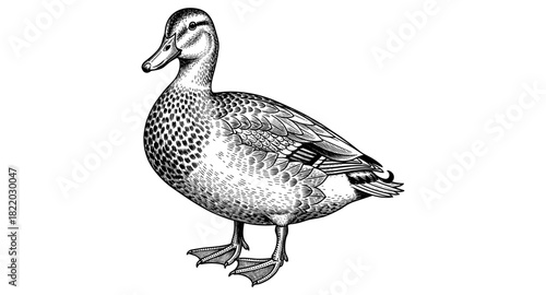 Detailed black and white duck artwork with vintage etching style