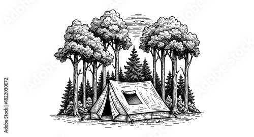 Hand drawn camping scene with tent and forest landscape in black and white