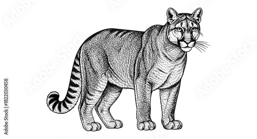 Detailed hand drawn mountain lion in black and white