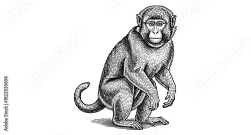 Detailed black and white engraving of a baboon in a classic etching style