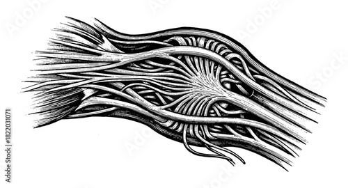 Intricate black and white neural network design with organic lines and patterns