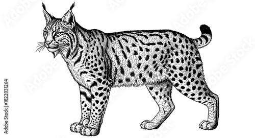 Detailed ink drawing of a standing lynx with spotted fur and bushy tail