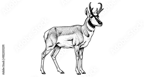 Detailed engraved pronghorn drawing: intricate wildlife design with antelope features