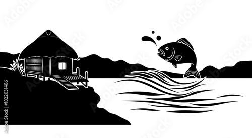 Vector illustration cartoon of a man and a girl in a boat on the ocean or a man in a cave landscape with sun and clouds