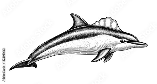 Intricate dotwork dolphin illustration with fin details on white background