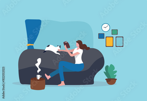 Relaxation lifestyle, comfortable at home or calm, cosy wellbeing or enjoy reading books, positive emotion, chill or reduce anxiety concept, young woman relax reading book while playing with pet.