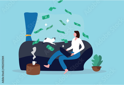 Self employed, freelancer or online business owner, remote work from home, individual job or distance worker, e-commerce business concept, young woman making money work with computer laptop at home.