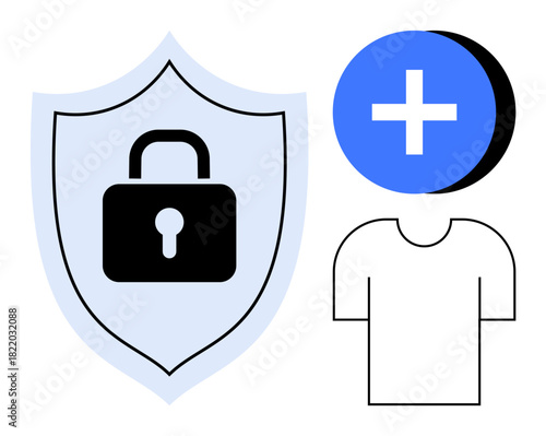 Security concept. Shield with lock security. Add plus icon and t-shirt outline enhance inclusivity. Security, data protection, user safety for branding, apps, e-commerce, identity