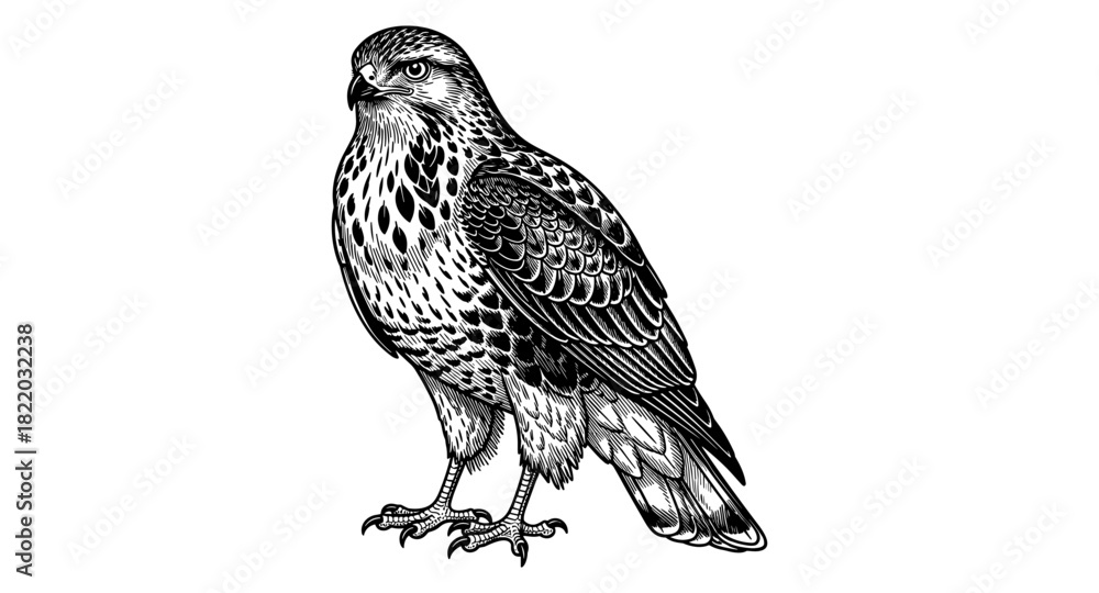 Obraz premium Intricate black and white hawk illustration showcasing detailed feathers and patterns