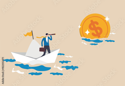 Financial planning target, vision and strategy for financial freedom or retirement saving goal concept, businessman salary man investor riding the boat using telescope to see far golden money coin.