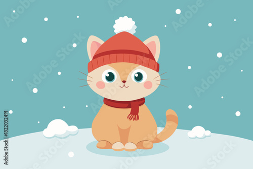 Cute kitten in knitted hat sitting on snow watching falling snowflakes.