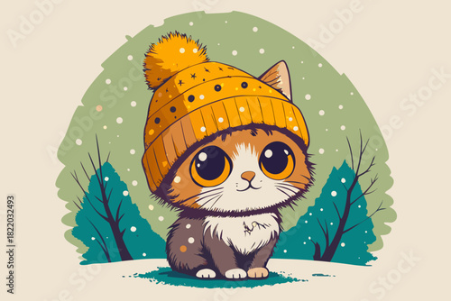 Cute kitten in knitted hat sitting on snow watching falling snowflakes.