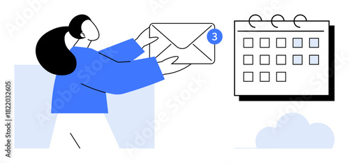 Woman holding email with notification number near a calendar, emphasizing productivity and time management. Ideal for communication, scheduling, organization, multitasking, reminders, planning