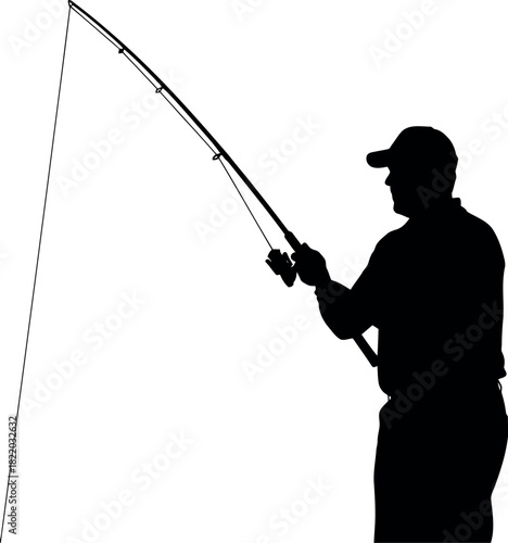 Silhouette fisherman casting rod on water