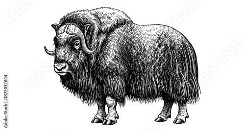 Detailed black and white line art of a musk ox on a white background