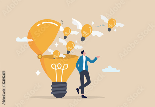Idea generation, creativity or innovation to inspire new ideas, invention and knowledge, imagination or wisdom for solution concept, young adult man open lightbulb to develop and generate new ideas.