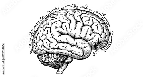 Intricate hand drawn brain with botanical elements