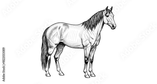 Elegant black and white detailed horse sketch with intricate line art