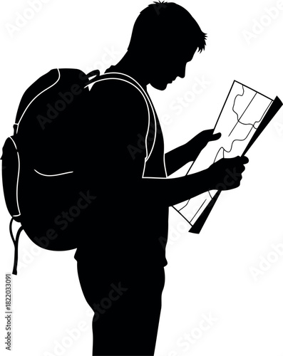 Silhouette traveler with backpack studying map