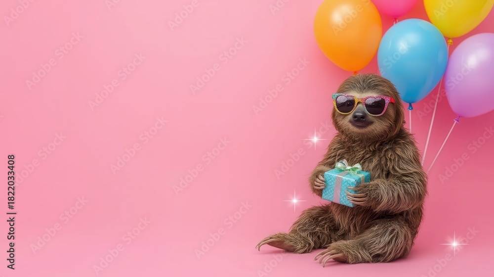 Naklejka premium Adorable sloth celebrates birthday with balloons