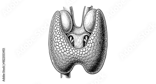 Detailed vintage engraving of anatomical thyroid gland with trachea structure