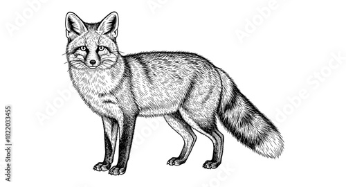 Intricate hand drawn fox in detailed black and white design