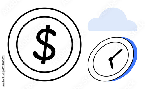 Large coin with dollar sign, clock representing time, and cloud icon, merging finance, time, and technology. Ideal for business, financial planning, productivity cloud solutions investment