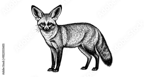 Intricate black and white bat-eared fox displaying detailed fur texture