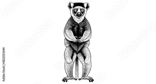 Hand-drawn detailed lemur in monochrome black and white art style