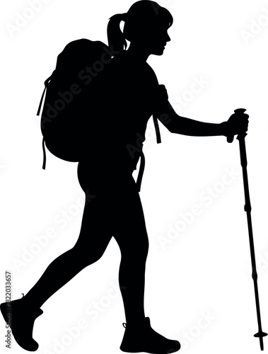Silhouette hiker with backpack and trekking pole
