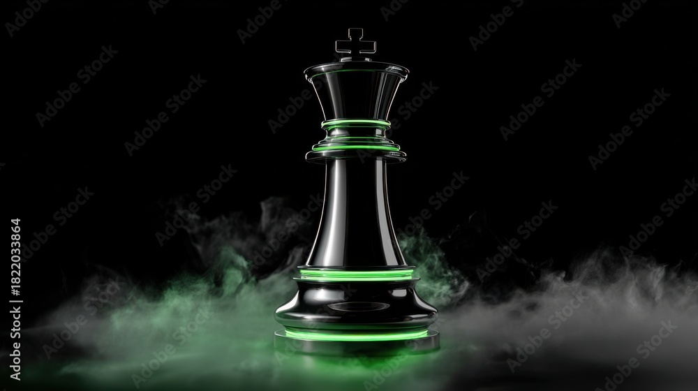 Fototapeta premium Black chess king piece illuminated with green light in a smoky setting showcasing strategic gameplay and elegance