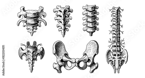 Detailed anatomy of human vertebrae and pelvis in vintage engraving style