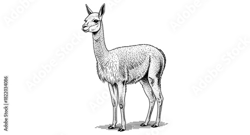 Hand drawn detailed vicuna animal in black and white