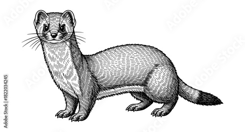 Detailed engraving style weasel on white background