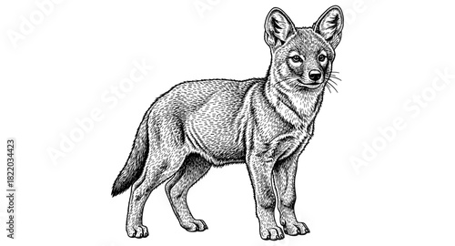 Detailed engraving style illustration of a standing canine with textured fur